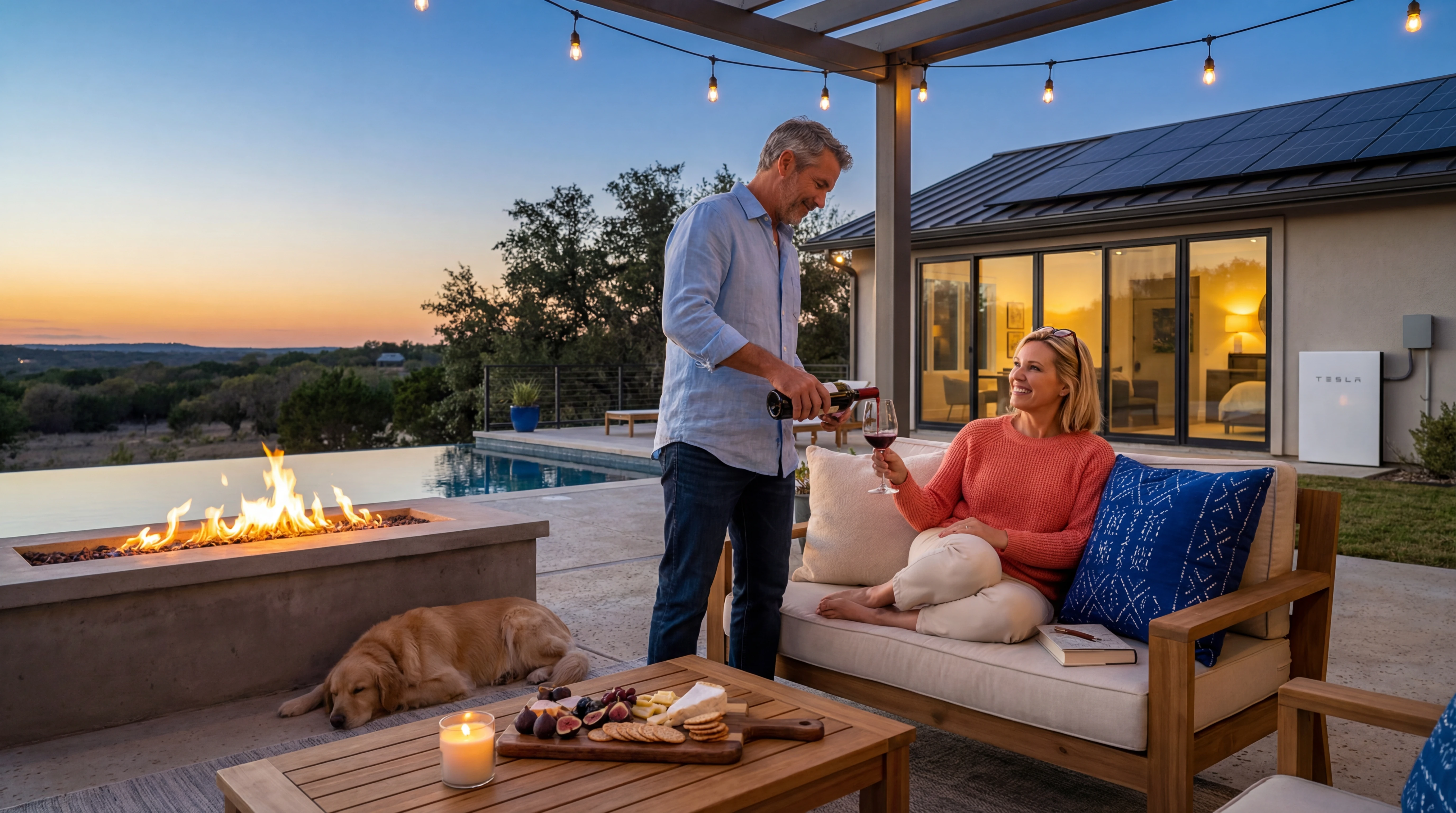 Couple enjoying evening on patio with fire pit and solar home