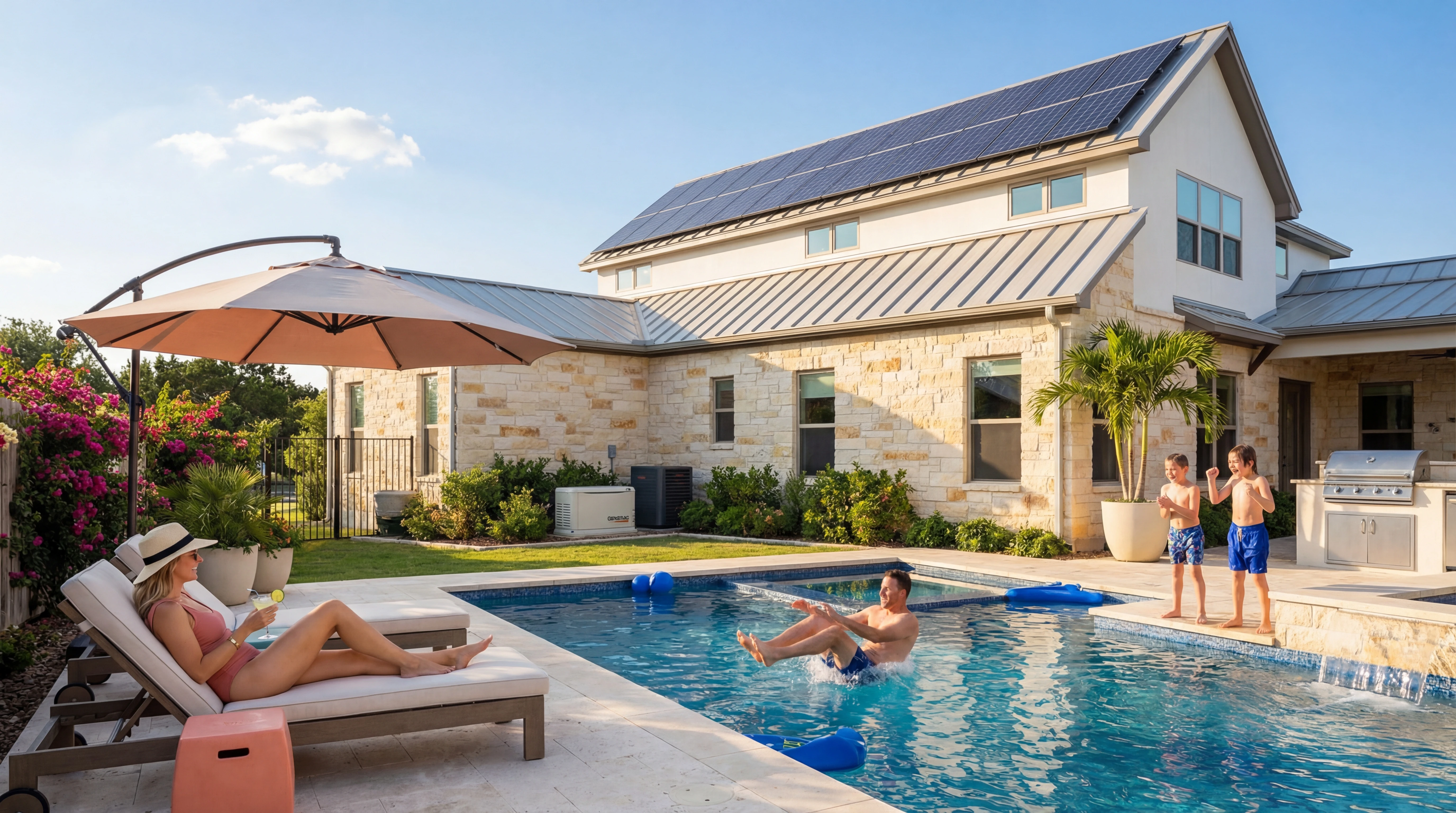Family pool day at Texas home with solar and backup power
