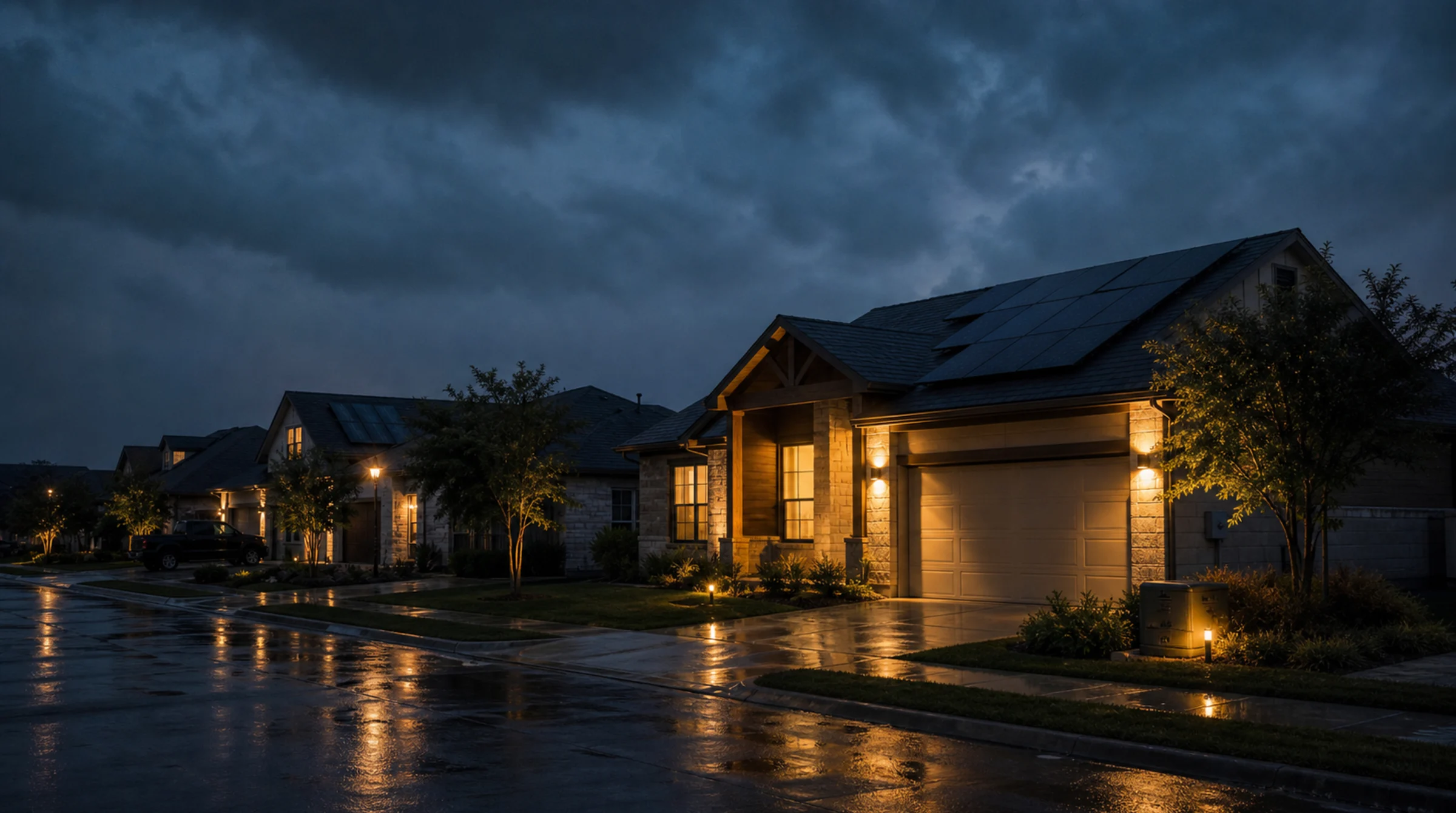 Couple enjoying evening on patio with fire pit and solar home