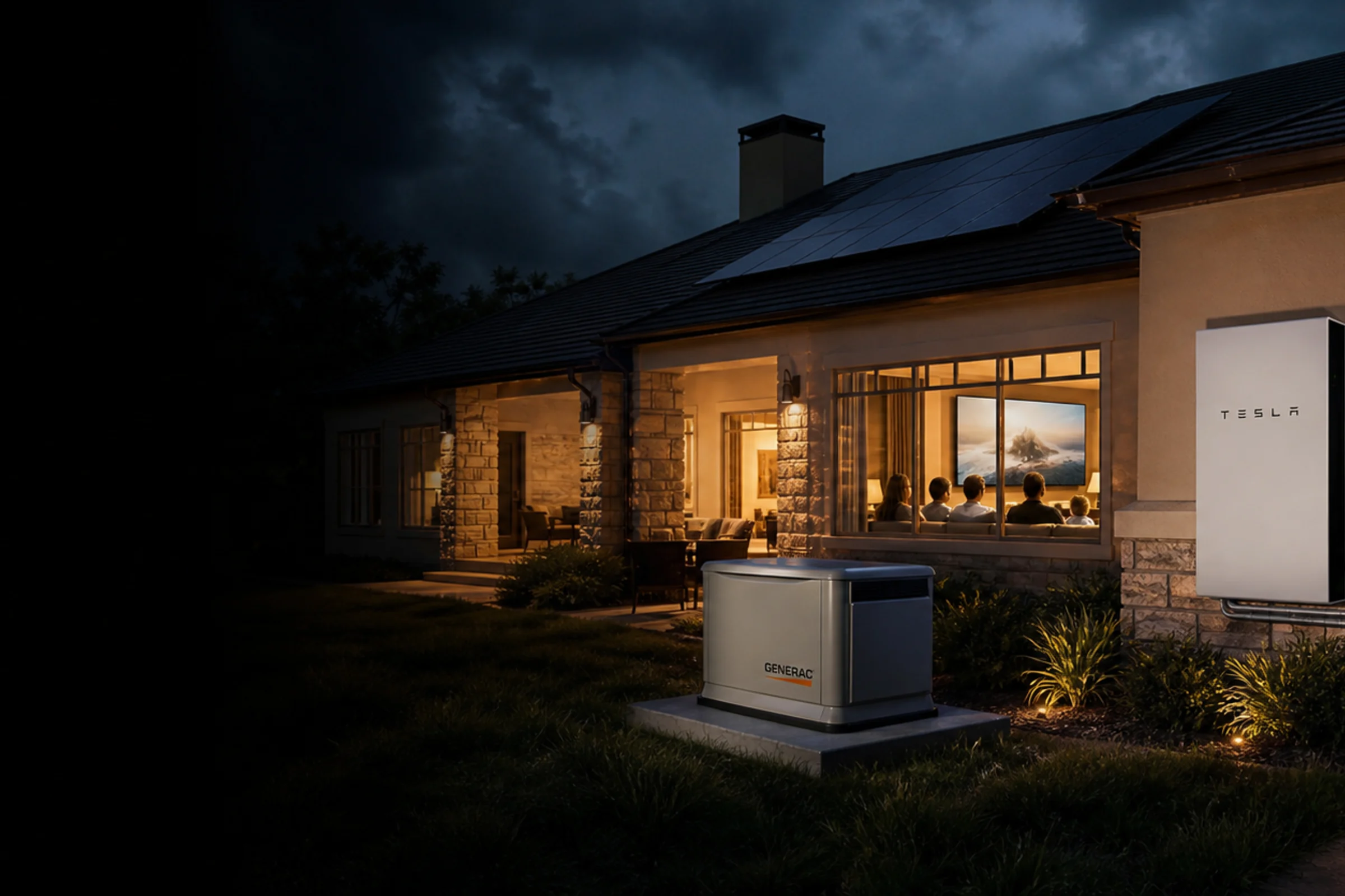 Family staying comfortable during an outage with outdoor backup equipment